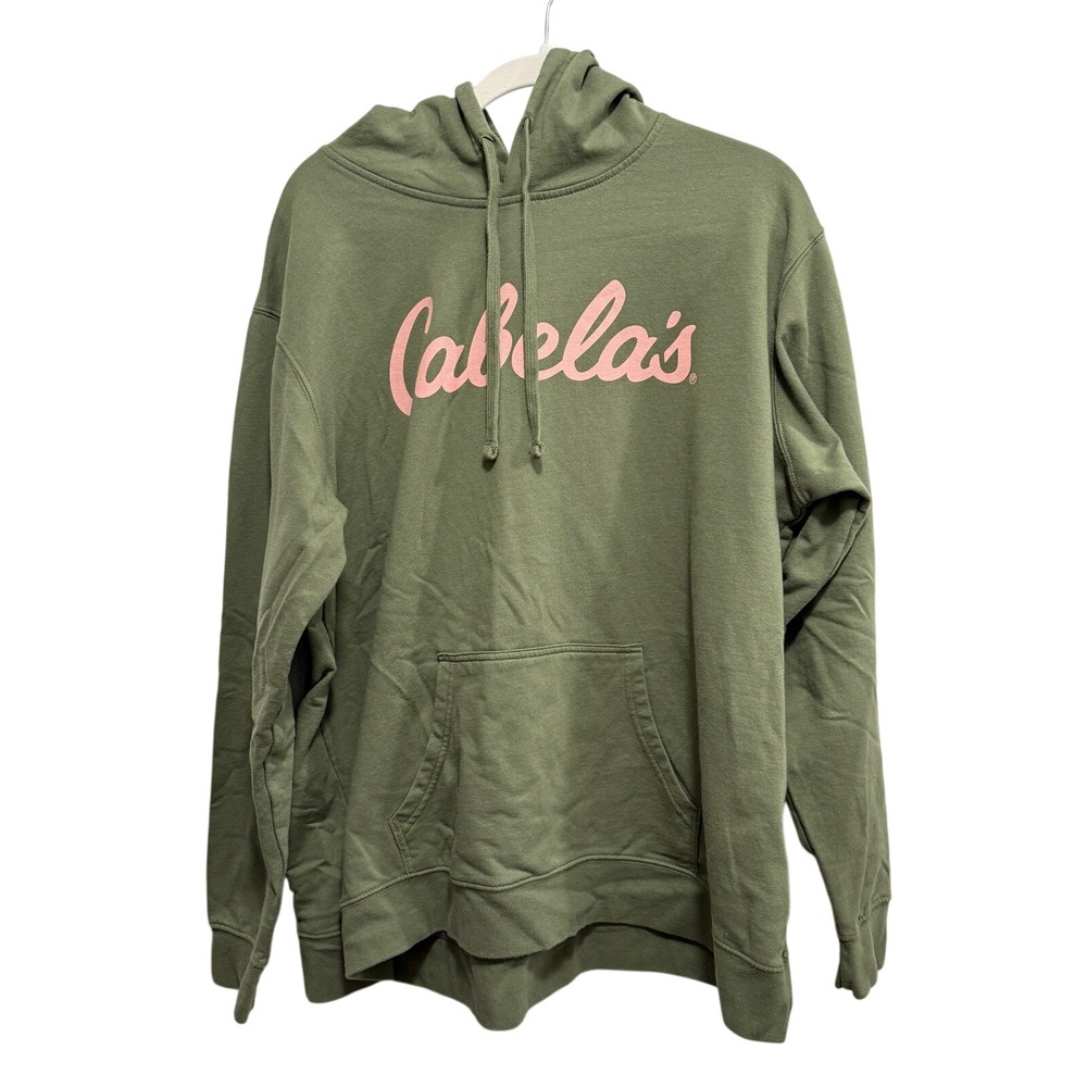 Cabela's Mens 2XL Olive Green Pullover Hoodie Pink Script Logo Fleece Sweatshirt